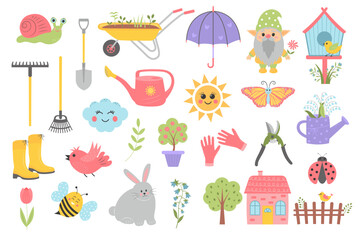 Gardening and spring set. Cute cartoon springtime items. Cartoon flat vector illustration.