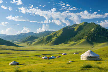 Mongolia yurts in the summer meadows in Nalati scenic spot, Xinjiang Uygur Autonomous Region, China - obrazy, fototapety, plakaty