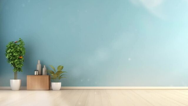 Modern interior empty room Scandinavian Style wooden floor with blue wall.. seamless looping overlay 4k virtual video animation background 