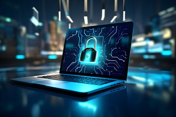 Cyber security illustration of Laptop, padlock futuristic microchip processor, protecting business and financial data. - obrazy, fototapety, plakaty