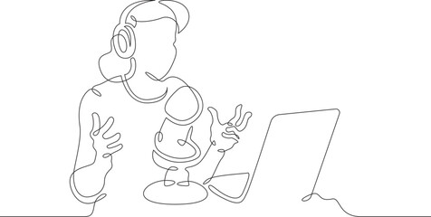 A woman records a podcast. A woman reads a text into a microphone. A girl works on a laptop. One continuous line drawing. Linear. Hand drawn, white background. One line