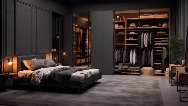 luxury studio apartment with a free layout in a loft. modern elegant apartment architecture design. seamless looping overlay 4k virtual video animation background 