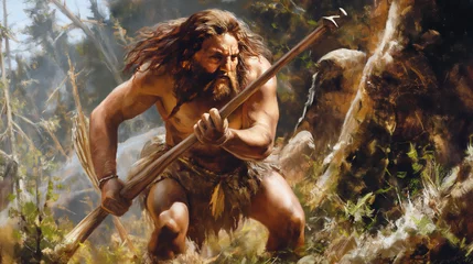 Schilderijen op glas Caveman hunting - Neanderthal - Cave hunters - Prehistory - History © Graxaim
