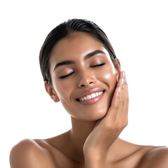 Beautiful beauty Indian young woman with makeup and hand touch her face and perfect skin, Facial treatment, Cosmetology, plastic surgery, isolated on white background, png