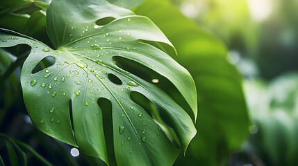 natural monstera leaves with bokeh spring lights background