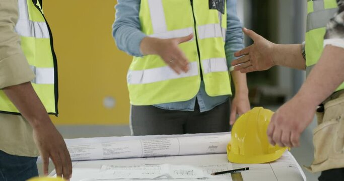 Construction worker, shaking hands and engineering agreement with onboarding, thank you or building success. Project manager or group contractor with handshake for deal and architecture partnership