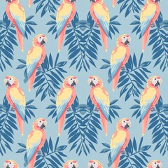 Seamless pattern with multicolored macaw parrot and tropical foliage on a blue background, retro style, ornament for fabric design, printed products and social networks - obrazy, fototapety, plakaty