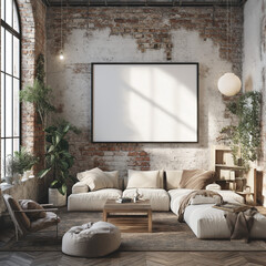 Frame mockup in cozy beige Japandi bedroom interior. Generative AI