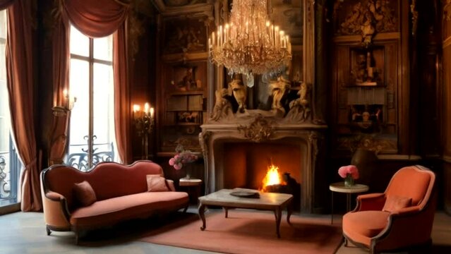 The most beautiful Fireplace Room in winter and spring Seamless looping time-lapse 4k animation video background Generated AI
