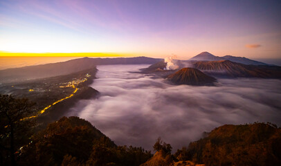 Aerial view Mountains at Bromo volcano during sunrise sky,Beautiful Mountains Penanjakan in Bromo...