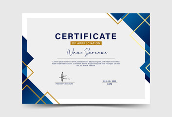 Bright blue certificate achievement geometric effect dark blue and gold