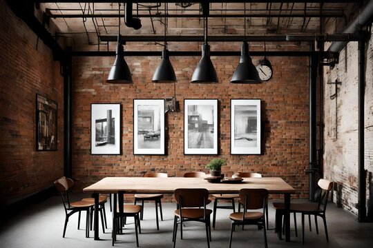 An industrial-chic dining area with  brick walls and a blank frame amidst industrial art pieces.