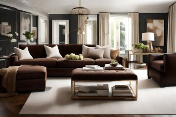 A cozy chocolate brown ottoman doubling as a chic accent piece.