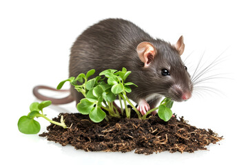 Rat eating growing vegetables, isolated on white background