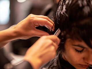 Imagem em detalhes de uma cabelereira enquanto trabalha.