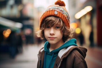 Portrait of a boy in a warm hat on the background of the city