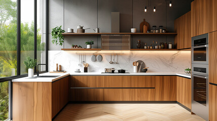 Fototapeta na wymiar wooden cabinets and stainless steel appliances in a modern kitchen