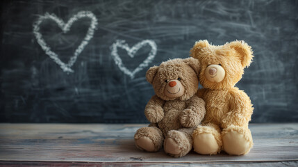couple teddy bear hugging on floor, chalk heart background