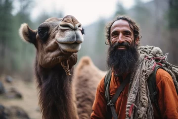 Foto op Canvas smiling woman man with strong connection shared by a camel and its human partner as they face difficulties of desert side by side © Kapin