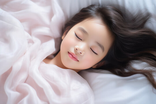 Asian little girl sleeping well on white pillow in bed
