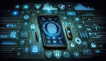 Fototapeta premium Smartphone displaying a digital padlock with futuristic holographic security interface, emphasizing advanced data protection.