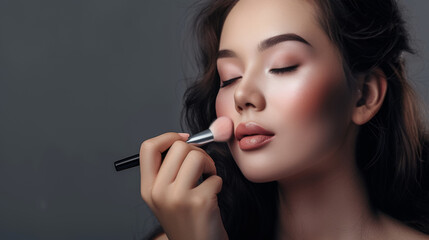 Fototapeta premium Makeup artist applies Makeup artist applies applies powder and blush . Beautiful Asian Woman face. Hand of make-up master puts blush on cheeks beauty model girl . Make up in process . Beautiful woman