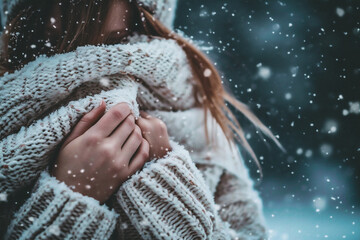 Beautiful young woman in sweater and scarf with snowflakes outdoors.