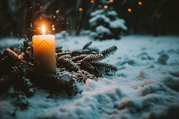 Burning candle in the snow. Christmas and New Year background.