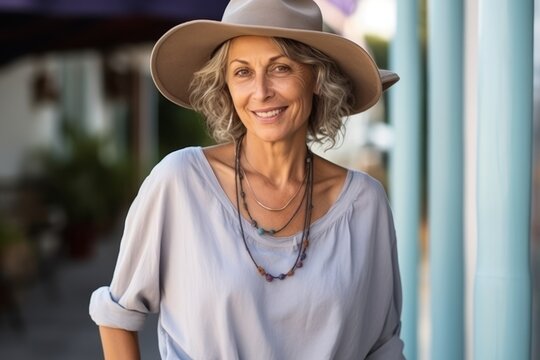 Portrait of a happy senior woman in hat standing outdoors in summer