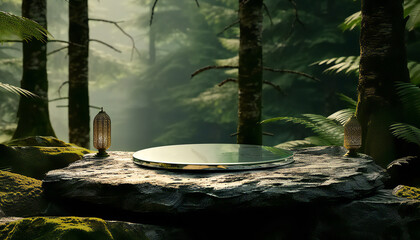 Glass Podium on a stone in jungle background