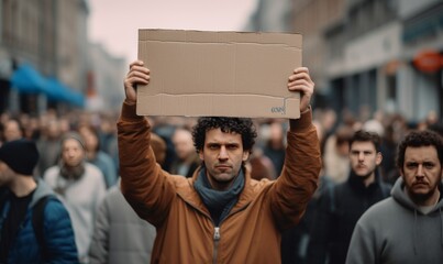 Photo of a man in a protest holding a cardboard sign.