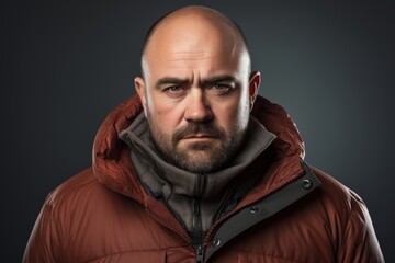 Portrait of a bearded man in a warm jacket on a dark background.