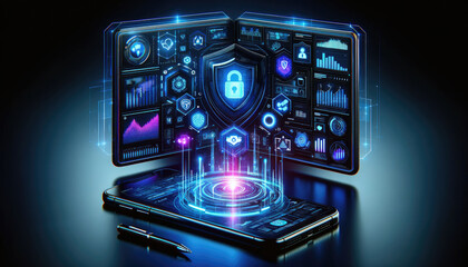 Smartphone displaying a digital padlock with futuristic holographic security interface, emphasizing advanced data protection.