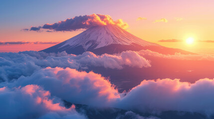Mount Fuji at golden hour, evening light illuminating the clouds around the peak, orange and pink sky, AI generated Images - obrazy, fototapety, plakaty