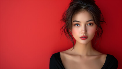 Beautiful young asian woman with perfect healthy smooth skin facial portrait isolated background - obrazy, fototapety, plakaty