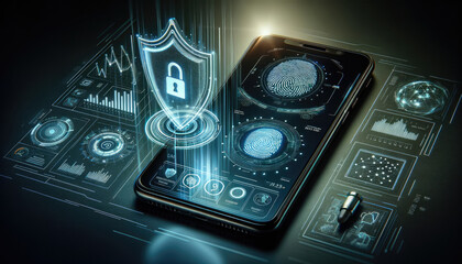 Smartphone displaying a digital padlock with futuristic holographic security interface, emphasizing advanced data protection.