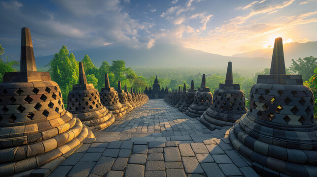 view of Borobudur Temple, afternoon sunlight gives a touch of gold to the temple stones, Ai generated images