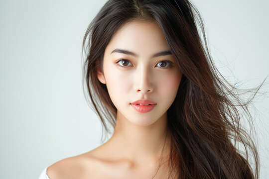 Beautiful young asian woman with perfect healthy smooth skin facial portrait isolated background