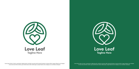 Plant lover logo design illustration. Silhouettes of love heart shapes, leaves, tree trunks, roots, plant seeds, bio eco green, natural garden. Simple minimal geometric minimalist fresh exotic icon.