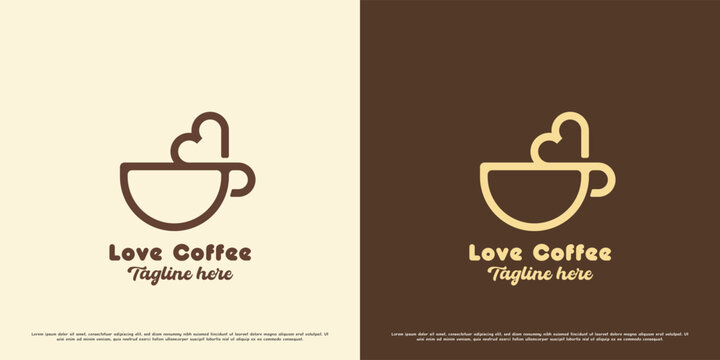 Coffee love logo design illustration. Simple line silhouette drink cafe restaurant coffee shop heart aroma mocha business chocolate cappuccino cup mug. Delicious warm geometric simple icon symbol.