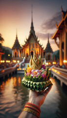 a Krathong, intricately designed with banana leaves and adorned with vibrant flowers
