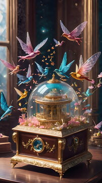 Digital artwork of a resplendent music box spinning, surrounded by enchanting dancing fairies and graceful birds and butterflies