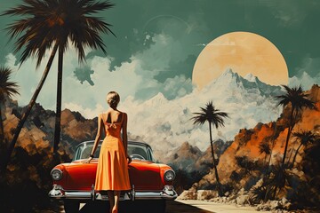 Collage image of a girl in front of a luxury car on a palm alley.