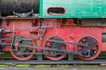 train steel wheels on rails ,close up train wheels .Railway foundation structure