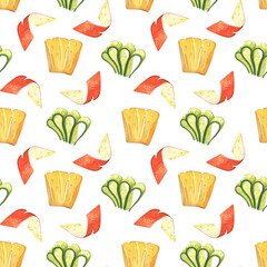 Garnishes for cocktails. Types of edible decorations for glasses with a drink. Seamless pattern of fresh cucumber, orange zest, pineapple slice. Watercolor illustration. Background design, bar menu