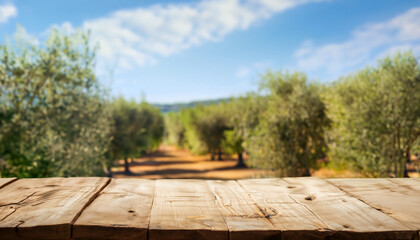 Old wooden table for product display with natural green olive field and green olives, beautiful...