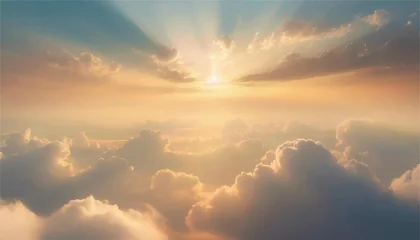 Fotobehang 神聖な空と雲の背景　光　太陽　夜明け　夕焼け　フレーム　イラスト素材　AI生成画像 © ribbon_s