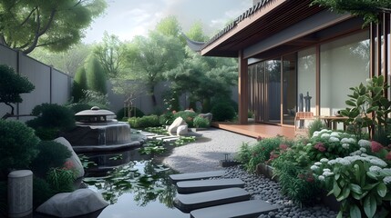 realistic photo of a modern house yard with a minimalist concept