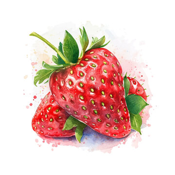 Illustration of several strawberries with stems and leaves colored using watercolors
