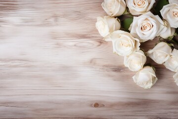 beautiful white roses on a wooden patterned background